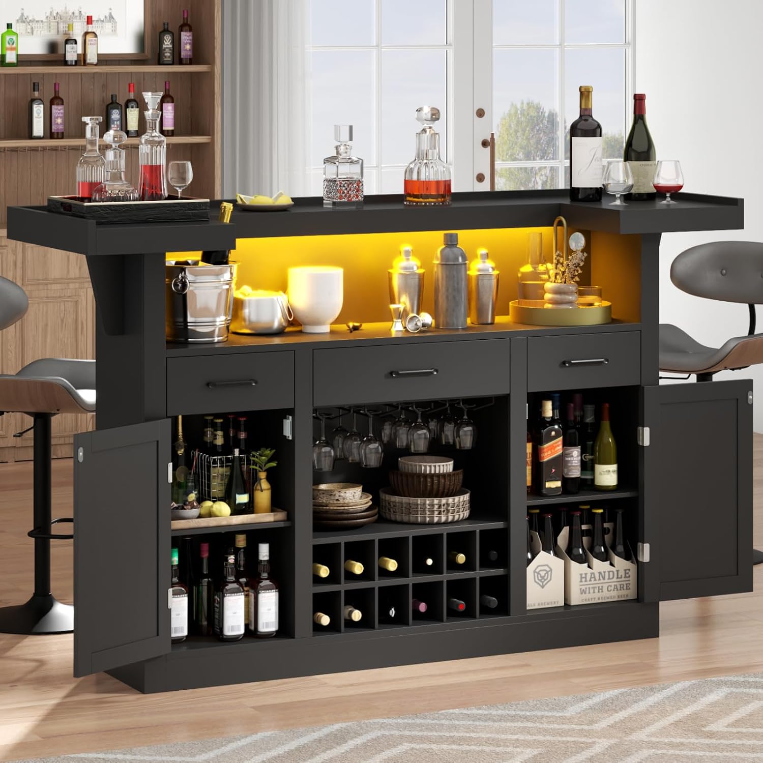 Home Bar Shelves - 71인치 LED 조명 및 3개의 서랍이