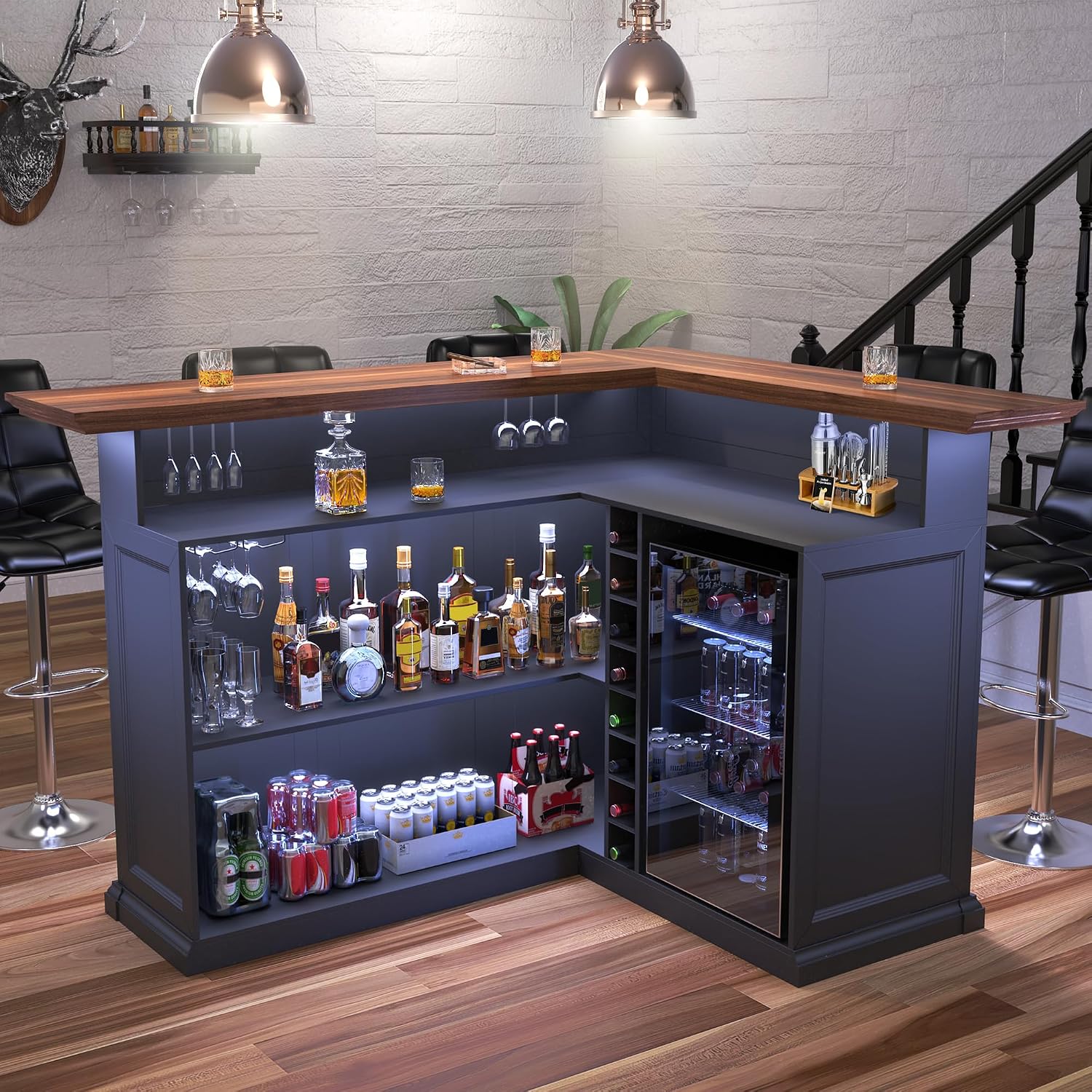 Home Bar Setup - L자형 홈 바 캐비닛 (냉장고 공간